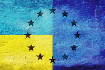 flag of the European Union and the flag of Ukraine on the wall