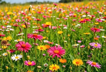 Fototapeta premium Vibrant wildflowers in a lush meadow, sunny day, floral background, field