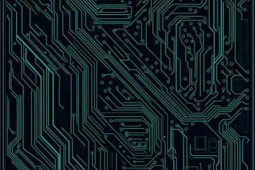 Abstract close-up of a glowing blue digital circuit board, showcasing intricate connections and technological design on a black background.
