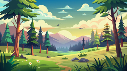 vector of stunning forest landscape with a grassy clearing, distant hills © koushkij