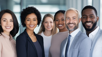 Corporate team of six people in the office, smiling, semicircle.