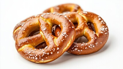 Freshly baked pretzels with golden-brown crusts and coarse salt, resting on a simple white background