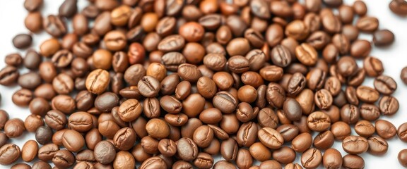 Fototapeta premium Close-up of assorted coffee beans, various sizes and colors, isolated on white background, close-up, texture