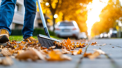 Autumn cleanup action worker sweeping leaves on a city sidewalk in early morning light urban environment close-up view seasonal change