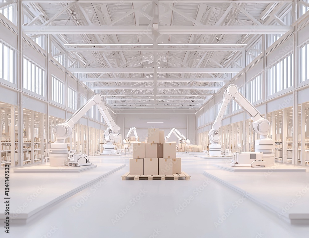 Poster the smart factory concept is illustrated through a 3d rendering image of dual-arm robots assembling 