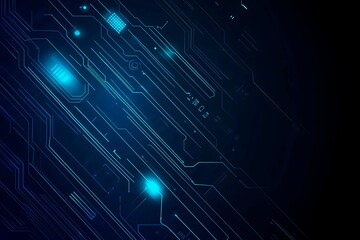 Abstract close-up of a glowing blue digital circuit board, showcasing intricate connections and technological design on a black background.
