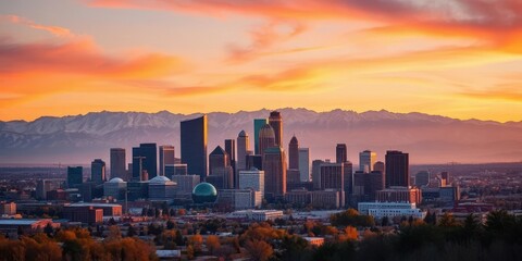 Fototapeta premium Denver skyline, Rocky Mountains backdrop, urban landscape, nature, day