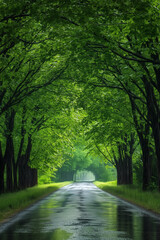 Fototapeta premium Rainy Road Through Green Forest Canopy