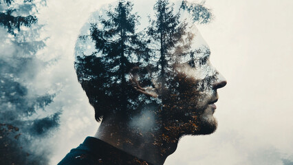 Double exposure of a man blended with a serene forest scene.