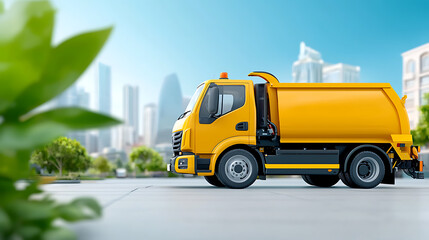 Street cleaning action urban environment yellow truck cityscape side view environmental cleanliness initiative