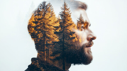 Double exposure of a man blended with a serene forest scene.