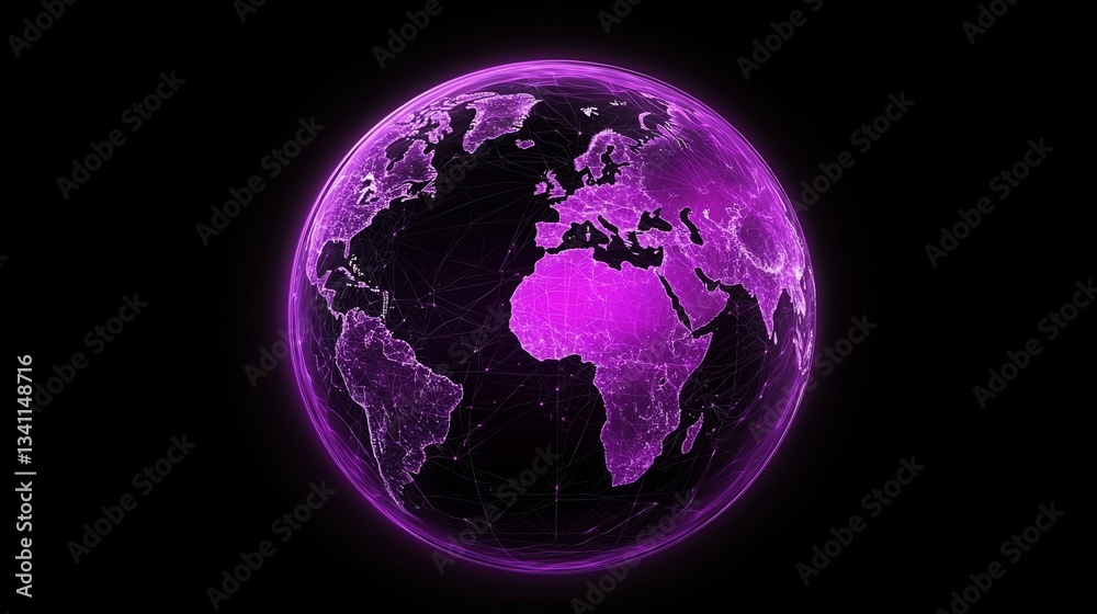Poster in space, a virtual planet rotates, with a surrounding lattice of data blocks forming the background