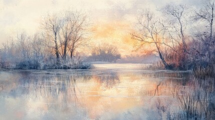 Fototapeta premium Icy lake reflecting the soft hues of a winter sunset, peaceful and serene