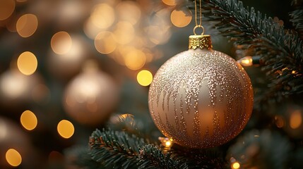 Close-up of a shiny beige Christmas ornament on a tree, with blurred lights in the background and a shallow depth of field. Copy space available.