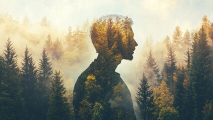 Double exposure of a man blended with a serene forest scene.