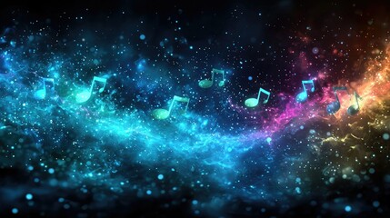 Naklejka premium Musical notes floating across a colorful and starry cosmic expanse