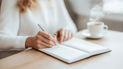 Fototapeta premium Woman in light clothes writing in a notebook at a table with a cup of coffee. Morning atmosphere of coziness and focus.