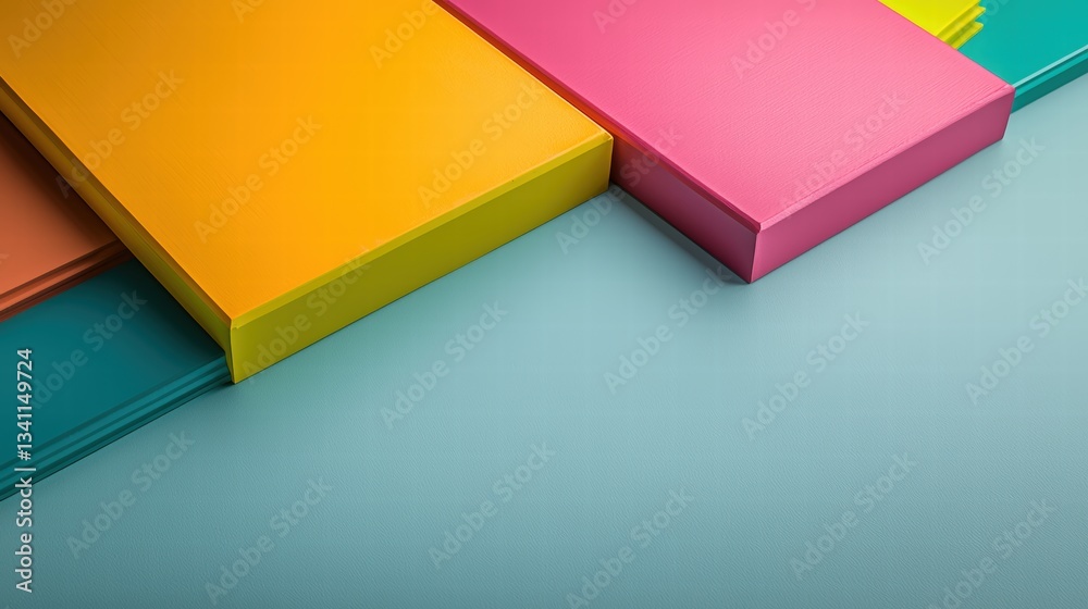 Poster a vibrant stack of colorful boxes in various sizes displayed neatly against a white background