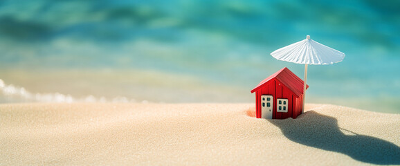 Obraz premium Red miniature house on sandy beach, shaded by small parasol, against blurred ocean backdrop, showcasing summer vacation dream or real estate concept