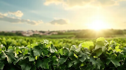 A lush field of green leaves spreading across the ground under a clear blue sky on a sunny day