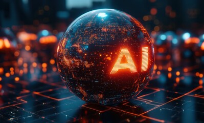 A glowing blue sphere with the letters AI on it