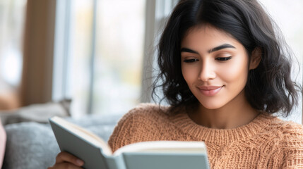Young woman with dark hair reading a book at home, cozy atmosphere.