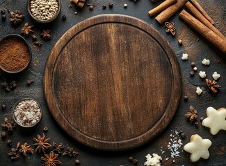 Dark background with a round wooden board and spices on the desk, top view, flat lay, high-resolution stock photo with space for text. Contest winner.