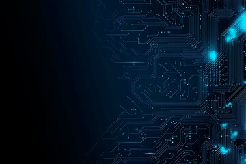 Abstract close-up of a glowing blue digital circuit board, showcasing intricate connections and technological design on a black background.