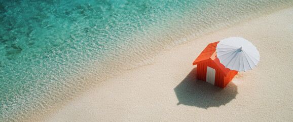 Aerial view of miniature orange beach house with white parasol on sandy beach near turquoise water, showcasing summer vacation, tranquility, and idyllic escape