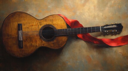 Fototapeta premium Guitar, red ribbon, blurred background. Generative AI