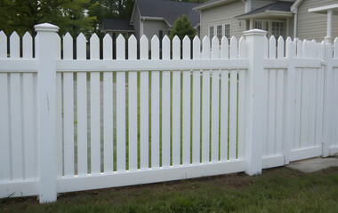 White picket fence backyard is made wood has vinyl fencing