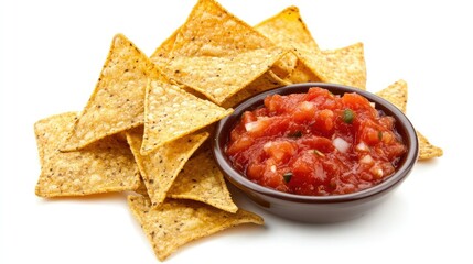 Savory nacho chips with a side of salsa, arranged neatly on a white background, emphasizing their bold flavor and crispness