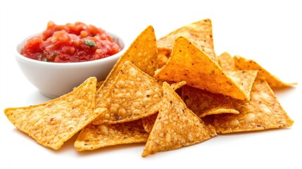 Savory nacho chips with a side of salsa, arranged neatly on a white background, emphasizing their bold flavor and crispness