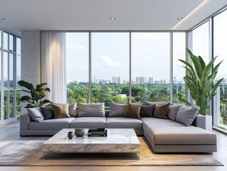 A large sectional sofa is in a living room with a large window. A potted plant is on the right side of the sofa
