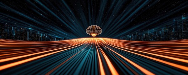 Artificial intelligence computing in future cyberspace concept. Futuristic landscape with glowing lines and vibrant colors.