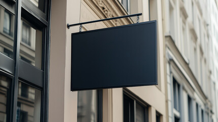mockup realistic black sign board display hanging in front of shop
