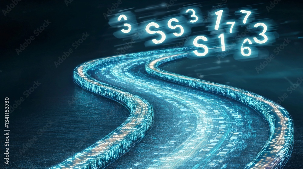 Poster the concept of a digital code road is illustrated in 3d with screaming and binary data in motion on 