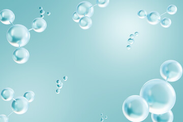 3D render of transparent molecular structures on a light blue background. Abstract scientific visualization of molecules, atoms, or cosmetic ingredients. Clean, futuristic, and minimalistic design.