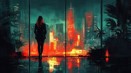 A businesswoman contemplates the city view from her office window at night