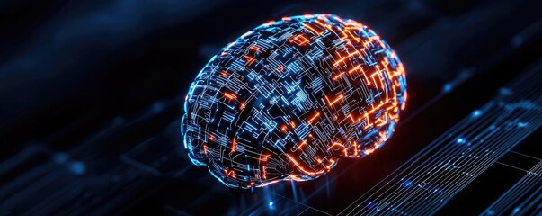 Artificial intelligence brain in database computing concept. Abstract illustration of a brain with digital circuits glowing.