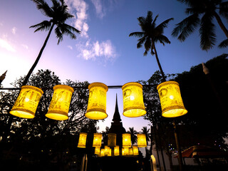 Glowing Yellow Lanterns and Bell-Shaped Chedi at Wat Traphang Ngoen, Sukhothai
