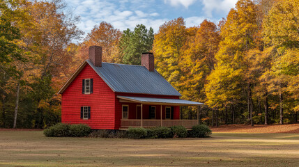 Autumn Tranquility: Rustic Red House Surrounded by Golden Trees, Inviting Porch, and Serene Atmosphere