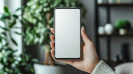 Hand holding a blank screen smartphone, isolated on a grey background. This is a mockup template, the winner of a stock photo contest. The image is high resolution and highly detailed.