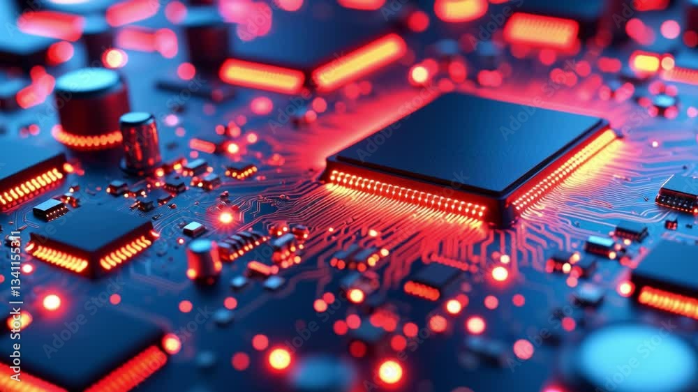 Aufkleber abstract close-up of futuristic circuit board with glowing red elements and intricate details highli