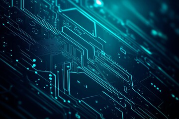 Abstract close-up of a glowing blue digital circuit board, showcasing intricate connections and technological design on a black background.
