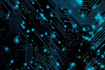 Abstract close-up of a glowing blue digital circuit board, showcasing intricate connections and technological design on a black background.
