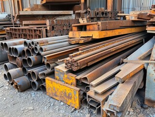 Rusty metal beams and pipes in a warehouse