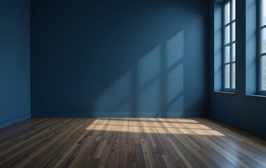 Empty room dark blue wall wooden floor is photo studio lighting Copy