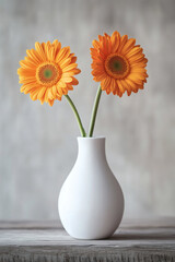 Two vibrant orange flowers in a white vase.
