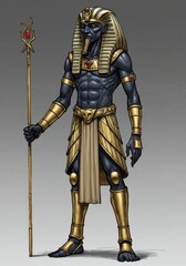 Fototapeta premium Egyptian Pharaoh Full Body - Powerful, majestic, ancient Egyptian pharaoh, regal attire, gold and black, symbolic of authority, history, and mythology
